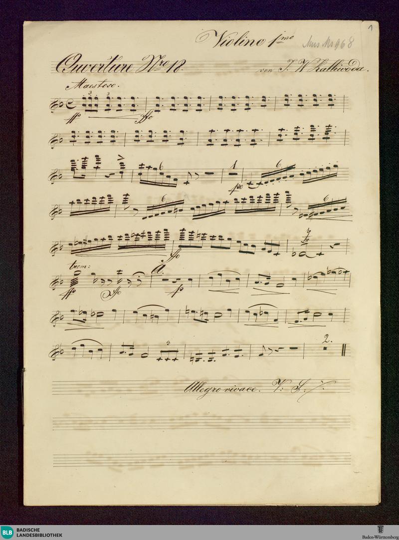 Johann Wenzel Kalliwoda:  Ouverture F-Dur Nr. 18. Violinenstimme, ca. 1865. Badische Landesbibliothek, Don Mus.Ms. 968
